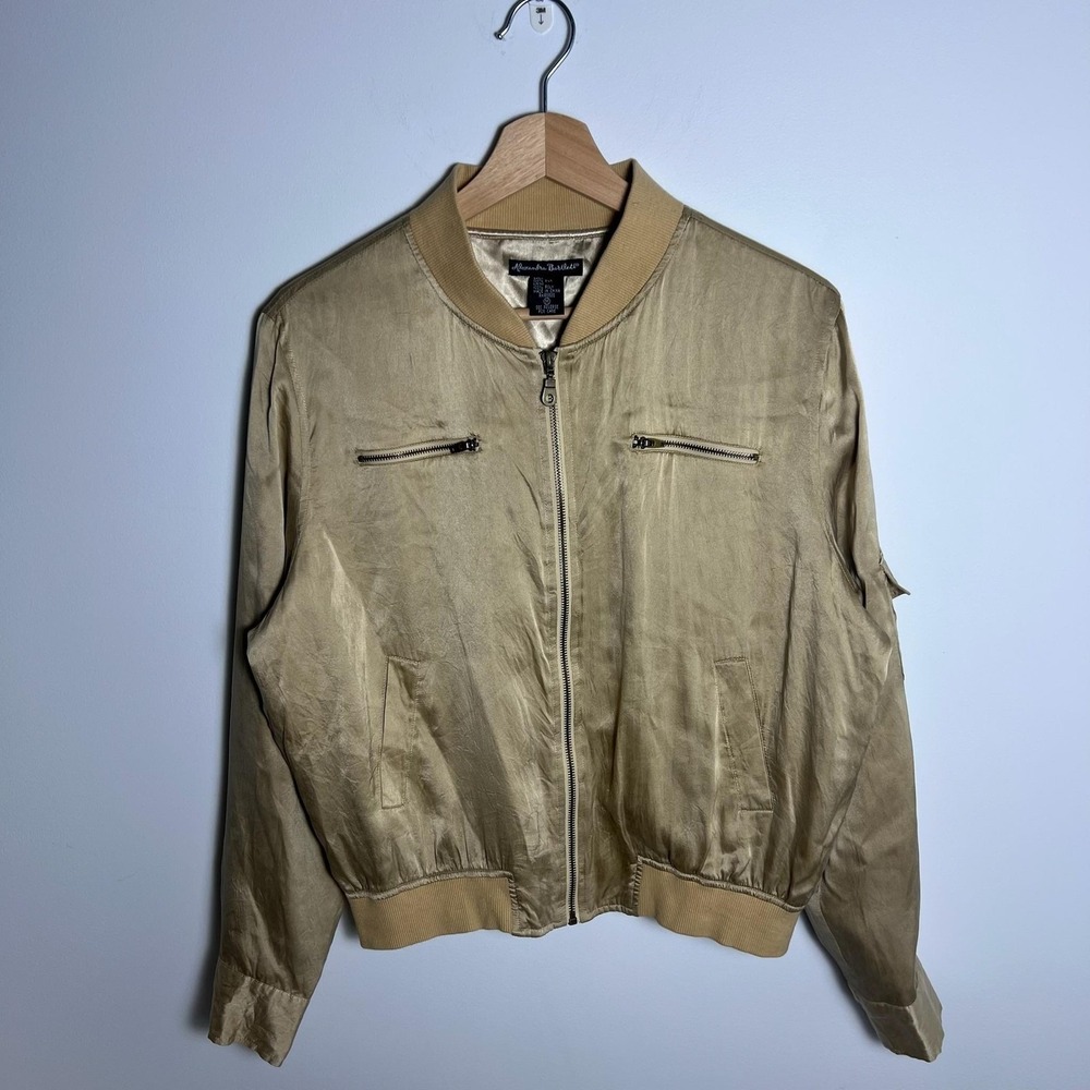 Y2K Alexandra Bartlett Jacket Womens Medium Beige Silk Satin Bomber Zip Pockets